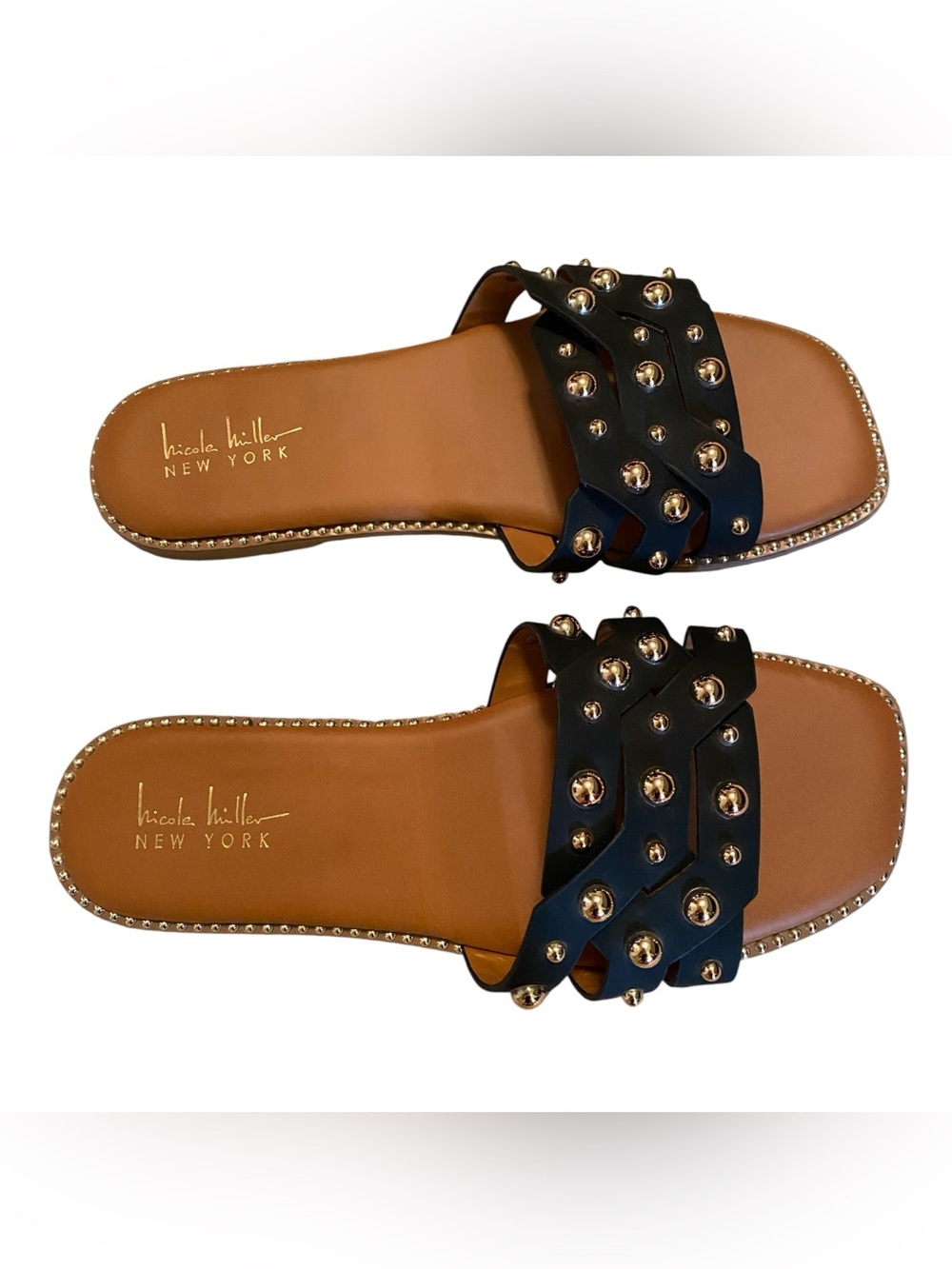 Nicole Miller New York Black Slide Sandals with Gold Studs - Picture 2 of 6